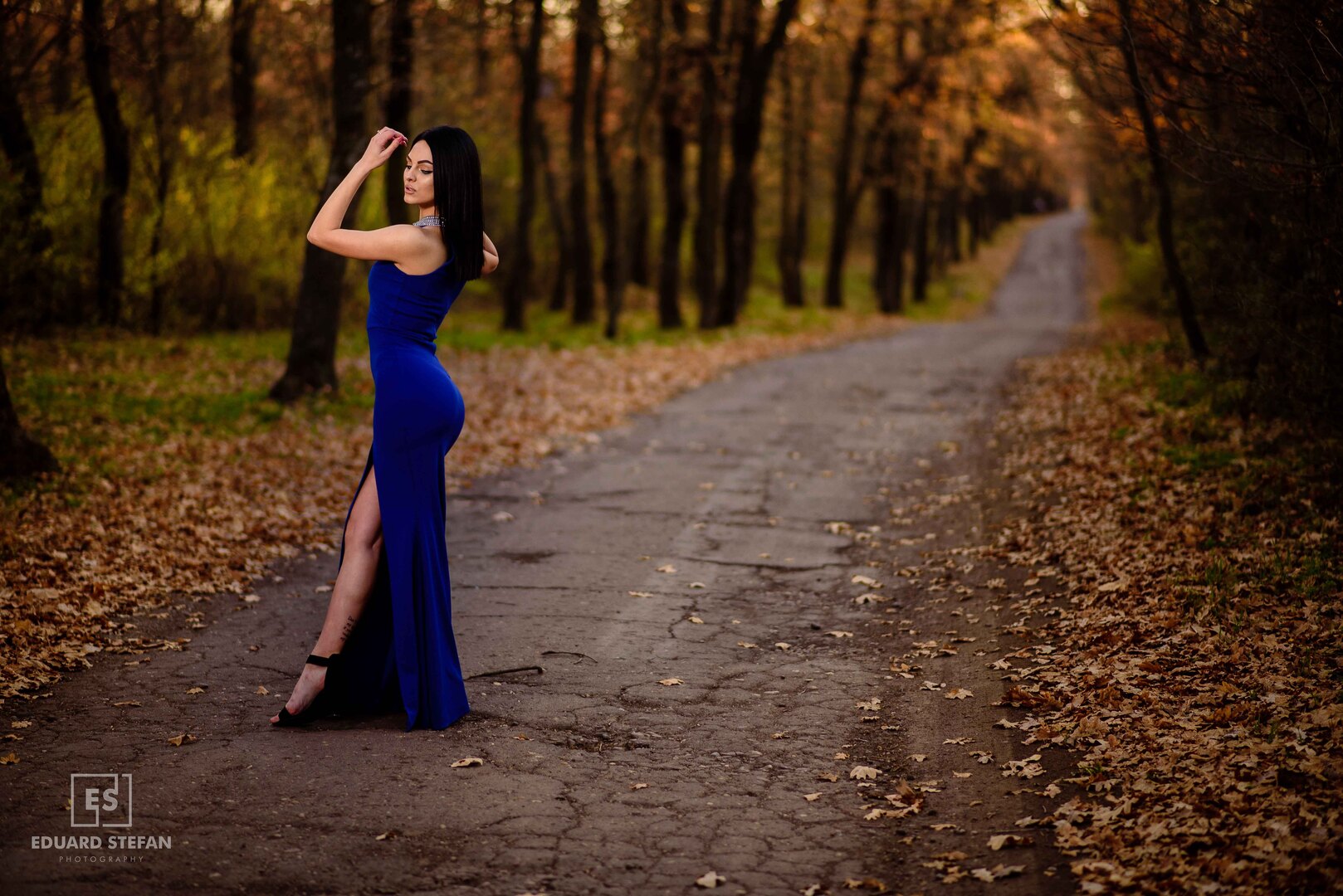 A stunning portrait of a woman in a glamorous blue gown, gracefully posed on an autumn-kissed pathway, framed by golden leaves and tranquil trees.